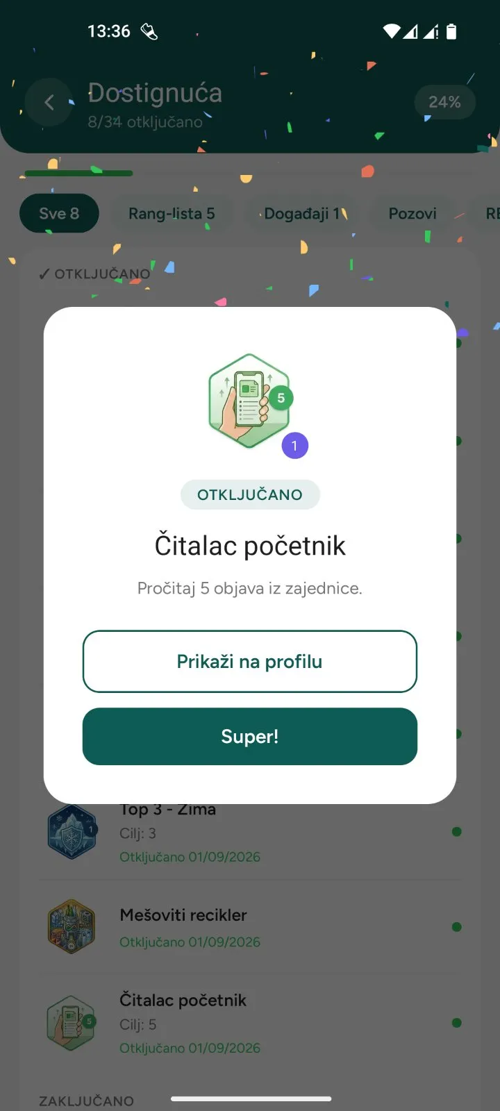 Iskačući prozor: otključano dostignuće Čitalac početnik