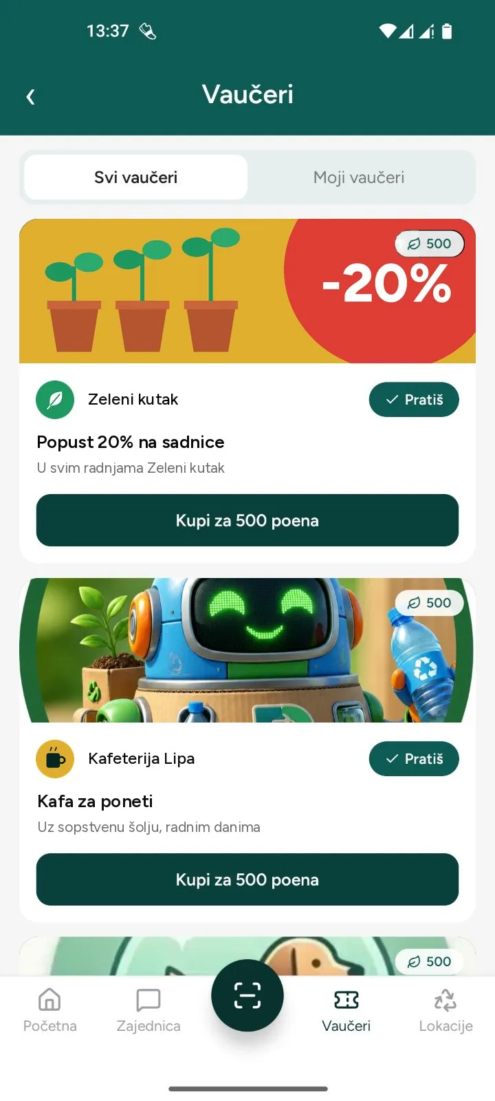 Ekran vaučera: popust na sadnice i kafa za poneti, kupuju se poenima